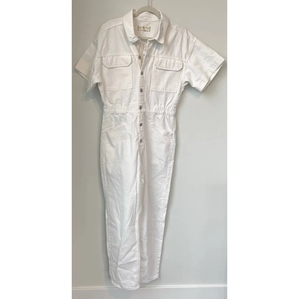 Free People We The Free Marci Jumpsuit Size Large Optic White Cotton Denim - Picture 3 of 15